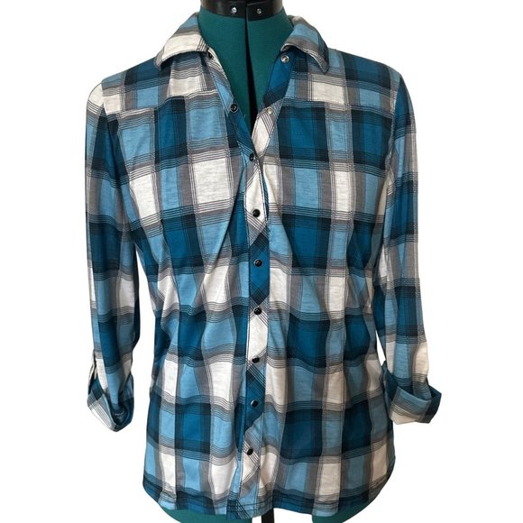 Women Bongo Brand Blouse Blue Plaid w/Lacey Back Polyester Blend Junior Size M - Picture 1 of 16